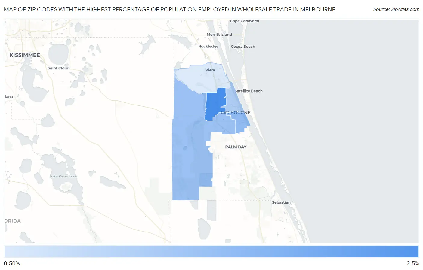 Zip Codes with the Highest Percentage of Population Employed in Wholesale Trade in Melbourne Map