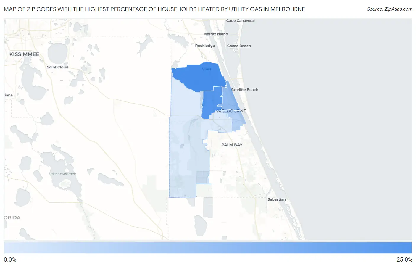 Zip Codes with the Highest Percentage of Households Heated by Utility Gas in Melbourne Map