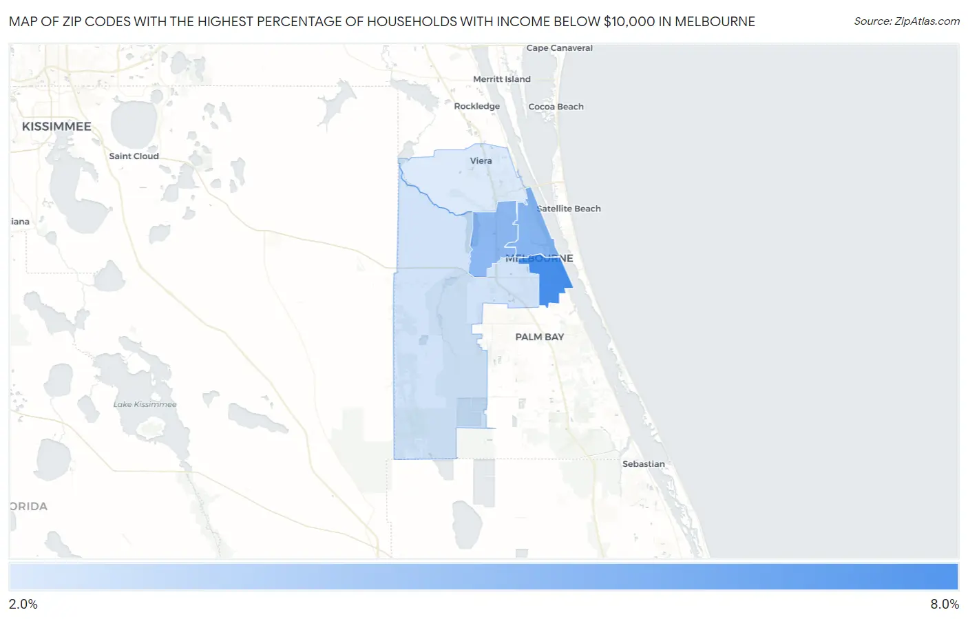 Zip Codes with the Highest Percentage of Households with Income Below $10,000 in Melbourne Map