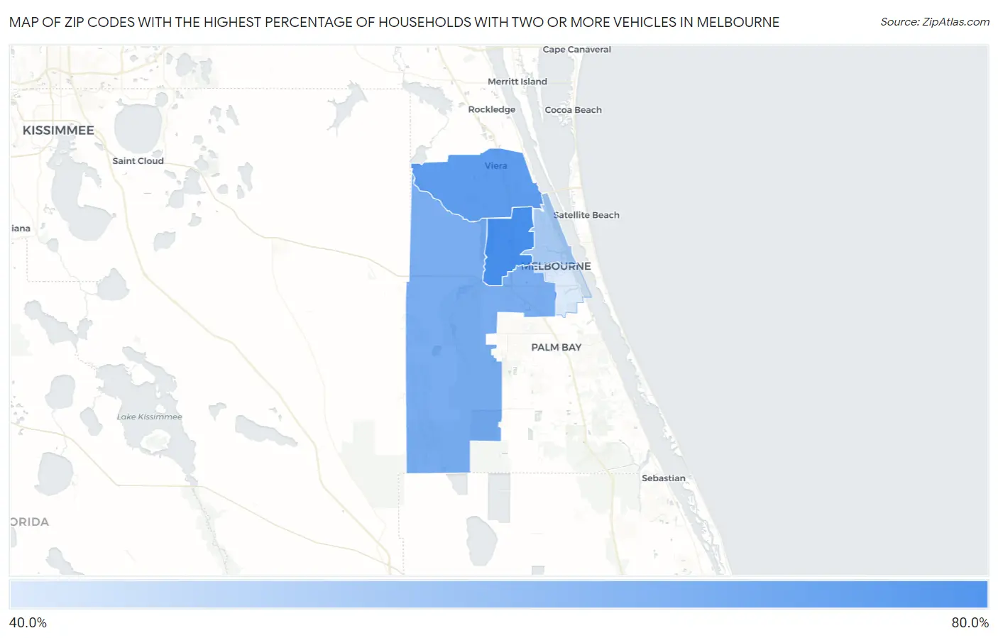 Zip Codes with the Highest Percentage of Households With Two or more Vehicles in Melbourne Map