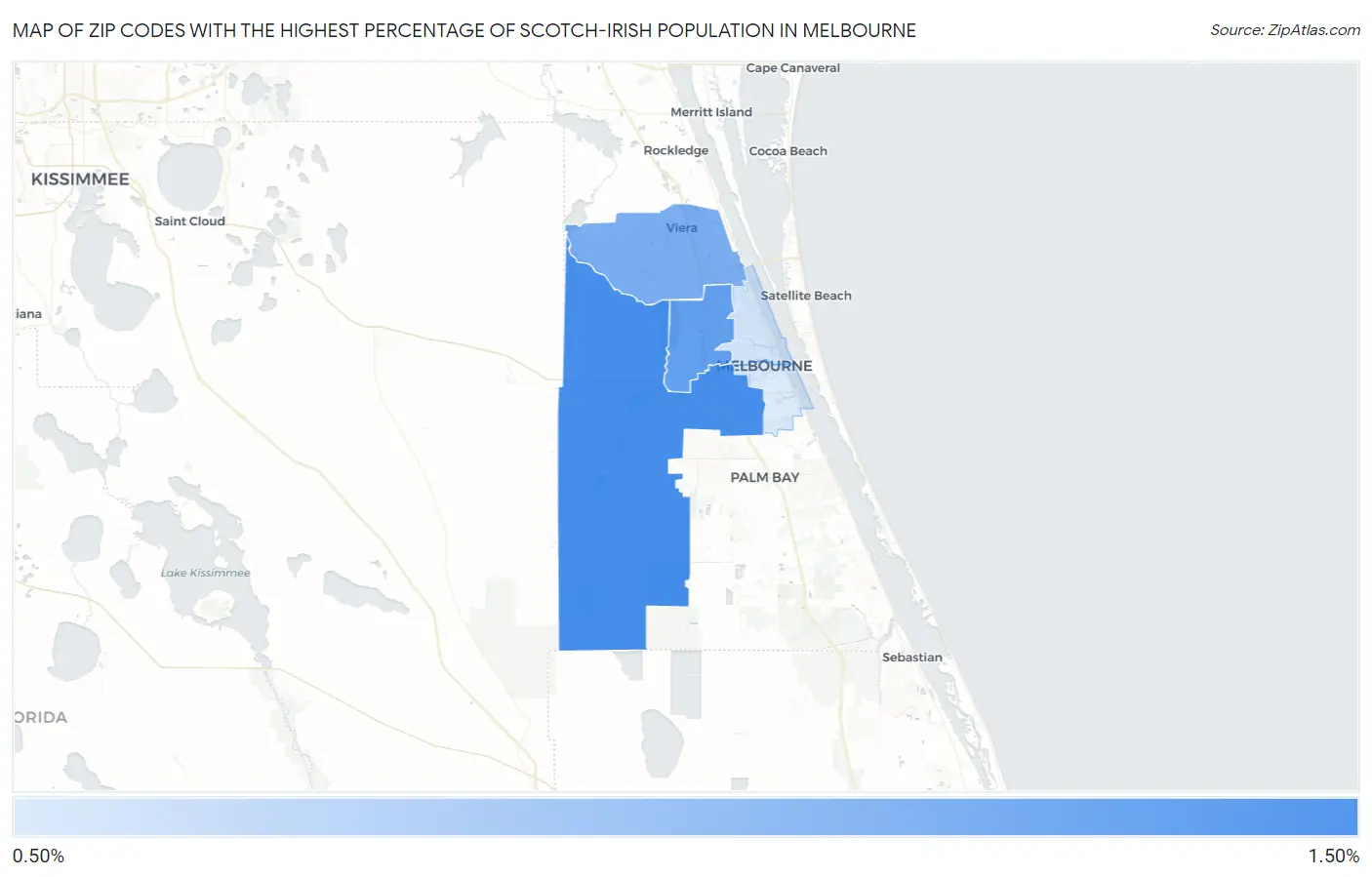 Zip Codes with the Highest Percentage of Scotch-Irish Population in Melbourne Map