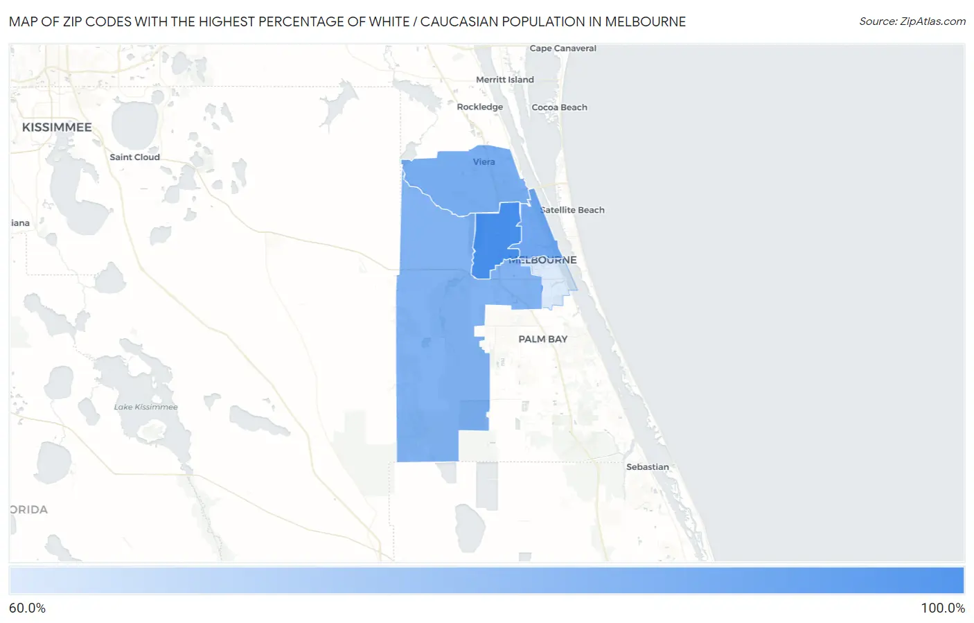 Zip Codes with the Highest Percentage of White / Caucasian Population in Melbourne Map