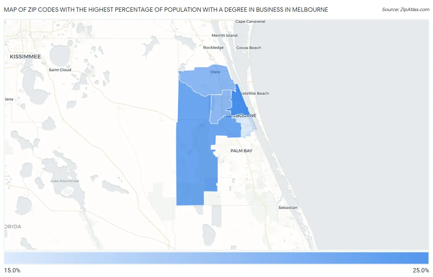Zip Codes with the Highest Percentage of Population with a Degree in Business in Melbourne Map