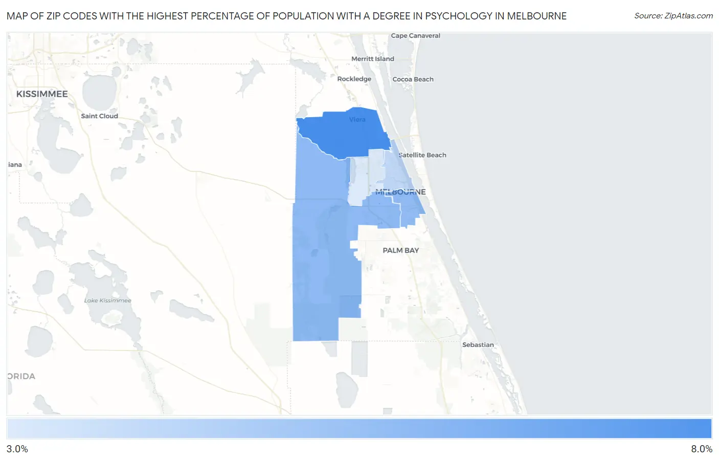Zip Codes with the Highest Percentage of Population with a Degree in Psychology in Melbourne Map