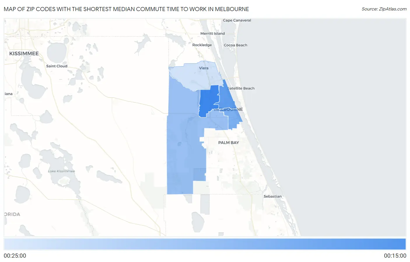 Zip Codes with the Shortest Median Commute Time to Work in Melbourne Map
