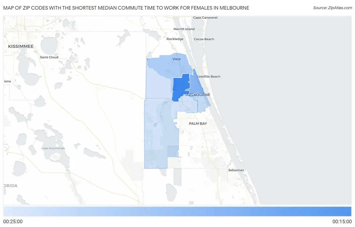 Zip Codes with the Shortest Median Commute Time to Work for Females in Melbourne Map