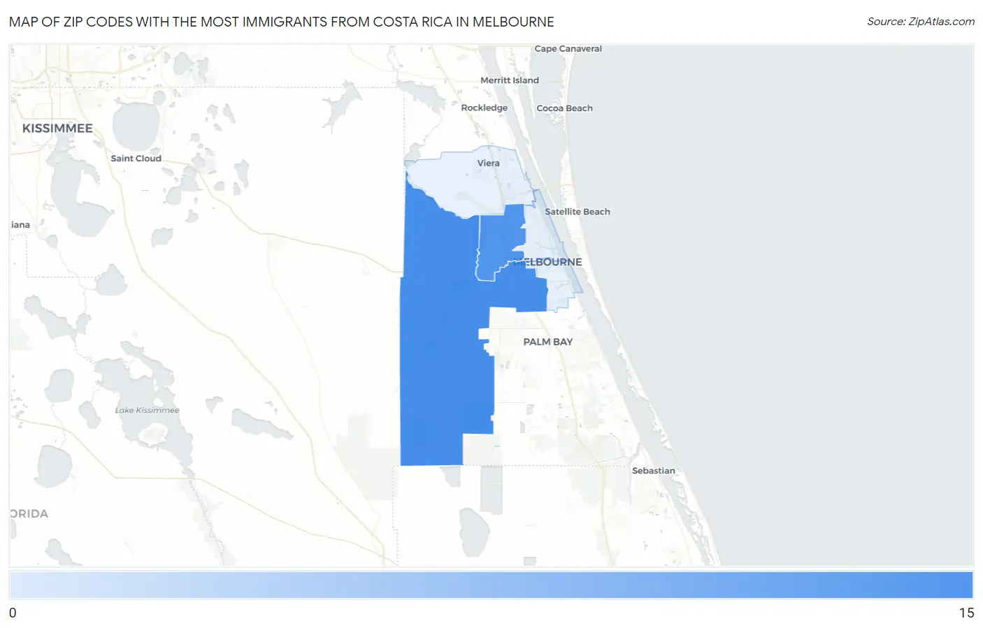 Zip Codes with the Most Immigrants from Costa Rica in Melbourne Map