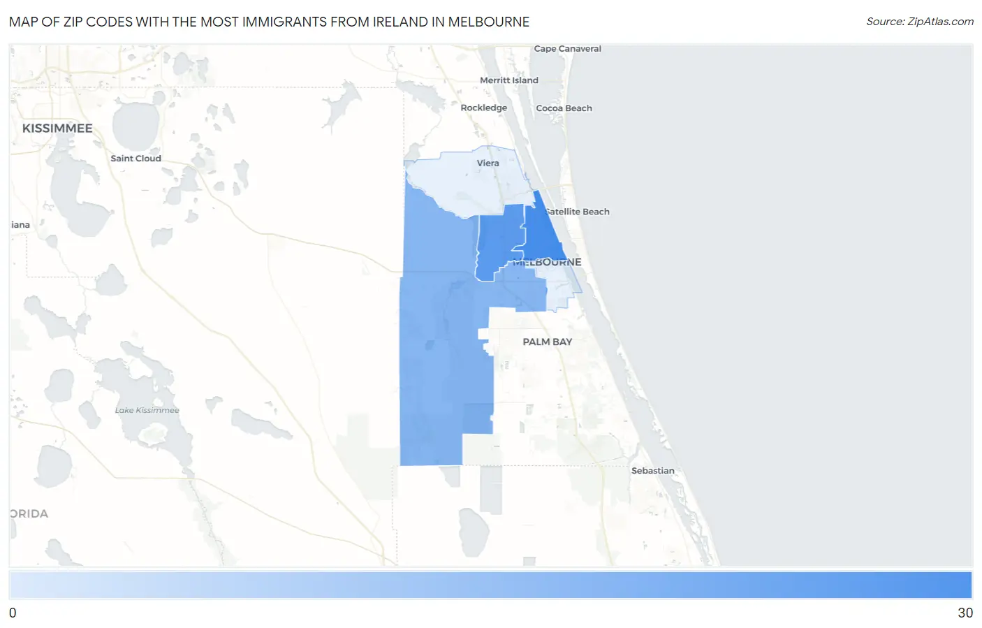 Zip Codes with the Most Immigrants from Ireland in Melbourne Map