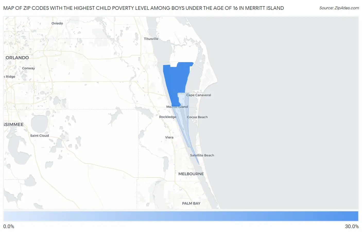 Zip Codes with the Highest Child Poverty Level Among Boys Under the Age of 16 in Merritt Island Map