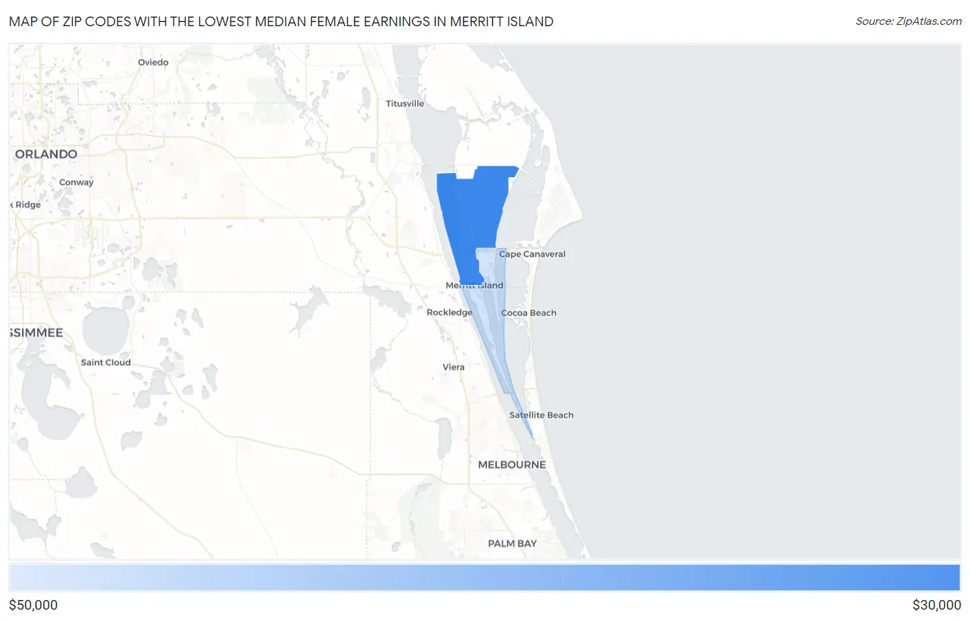 Zip Codes with the Lowest Median Female Earnings in Merritt Island Map