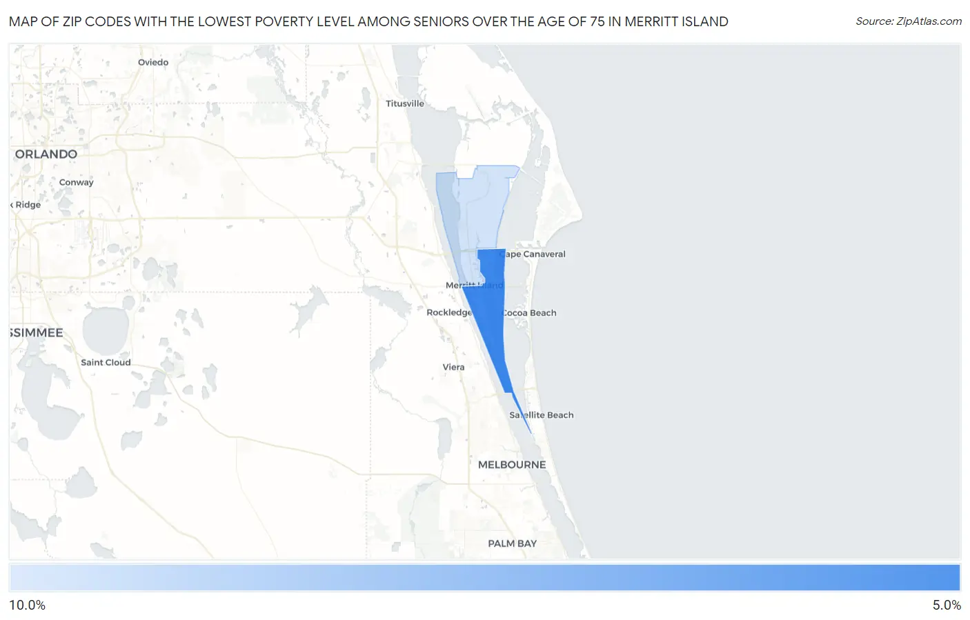 Zip Codes with the Lowest Poverty Level Among Seniors Over the Age of 75 in Merritt Island Map