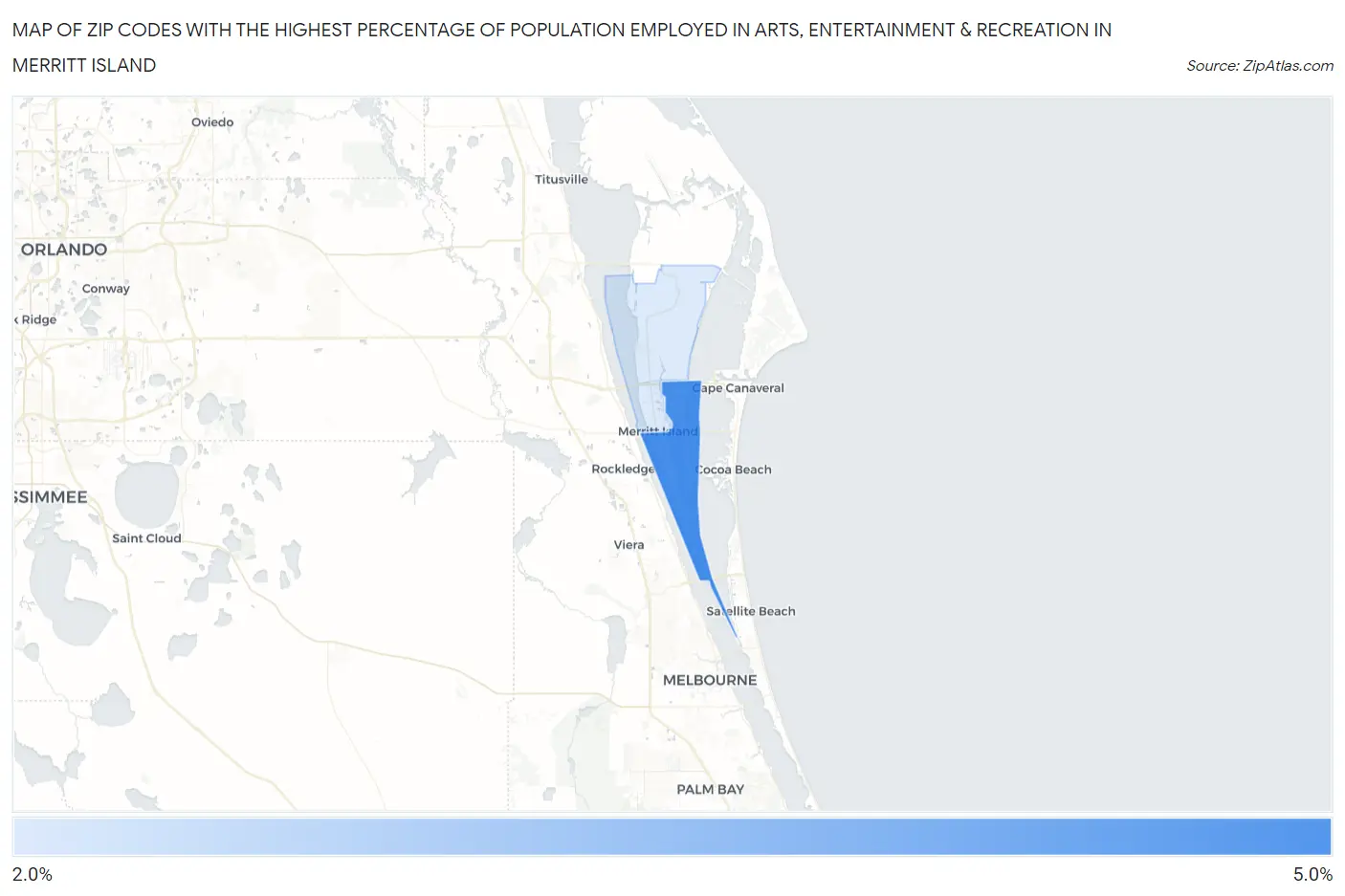 Zip Codes with the Highest Percentage of Population Employed in Arts, Entertainment & Recreation in Merritt Island Map