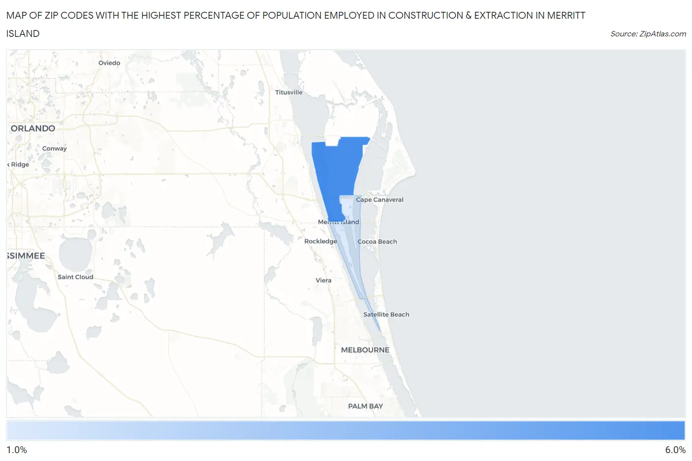 Zip Codes with the Highest Percentage of Population Employed in Construction & Extraction in Merritt Island Map