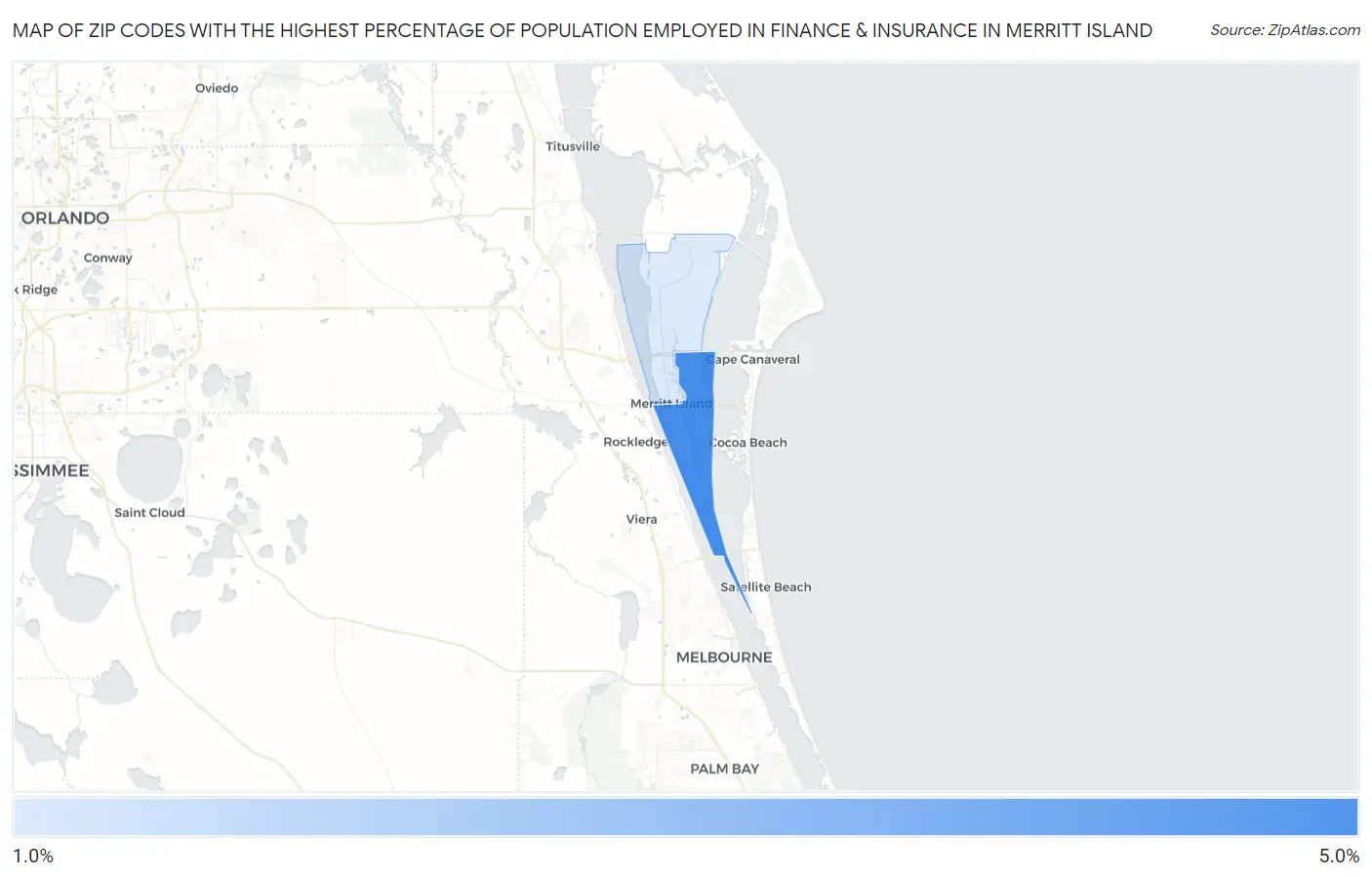 Zip Codes with the Highest Percentage of Population Employed in Finance & Insurance in Merritt Island Map