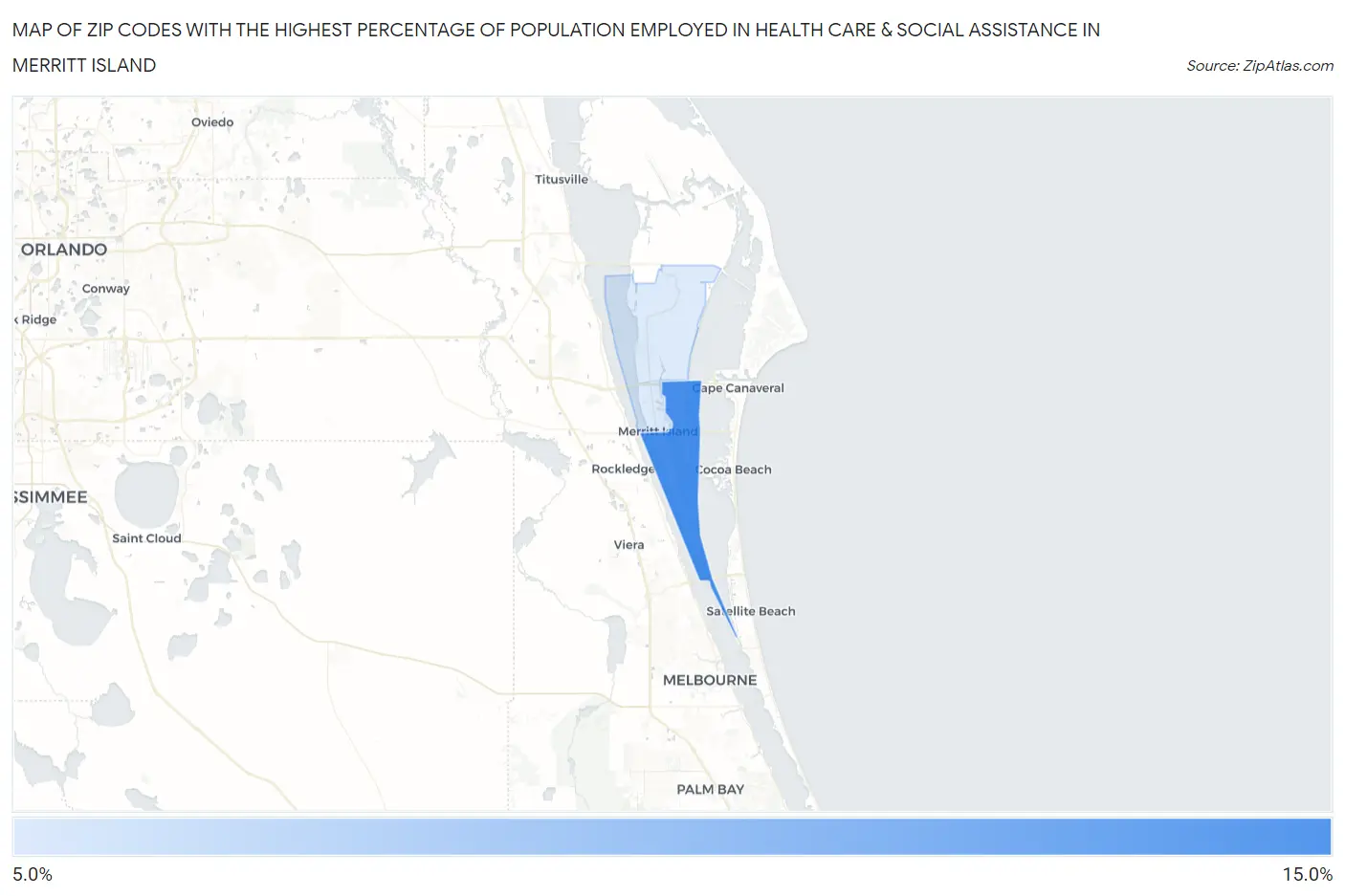 Zip Codes with the Highest Percentage of Population Employed in Health Care & Social Assistance in Merritt Island Map