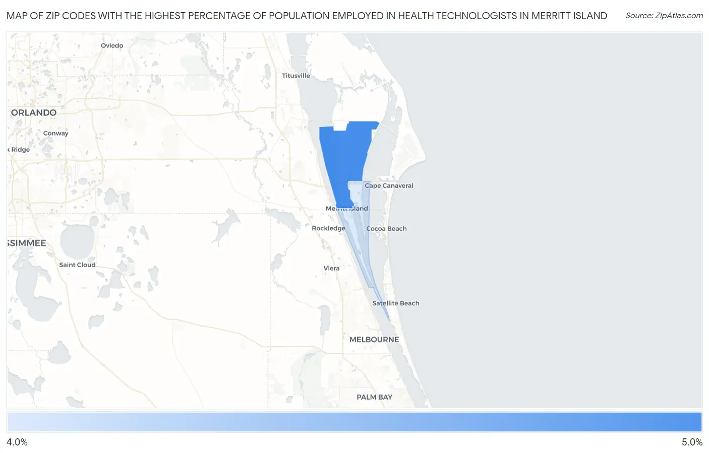 Zip Codes with the Highest Percentage of Population Employed in Health Technologists in Merritt Island Map