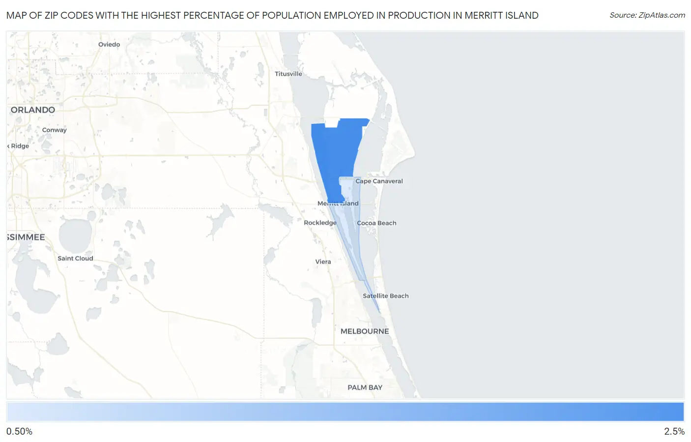 Zip Codes with the Highest Percentage of Population Employed in Production in Merritt Island Map