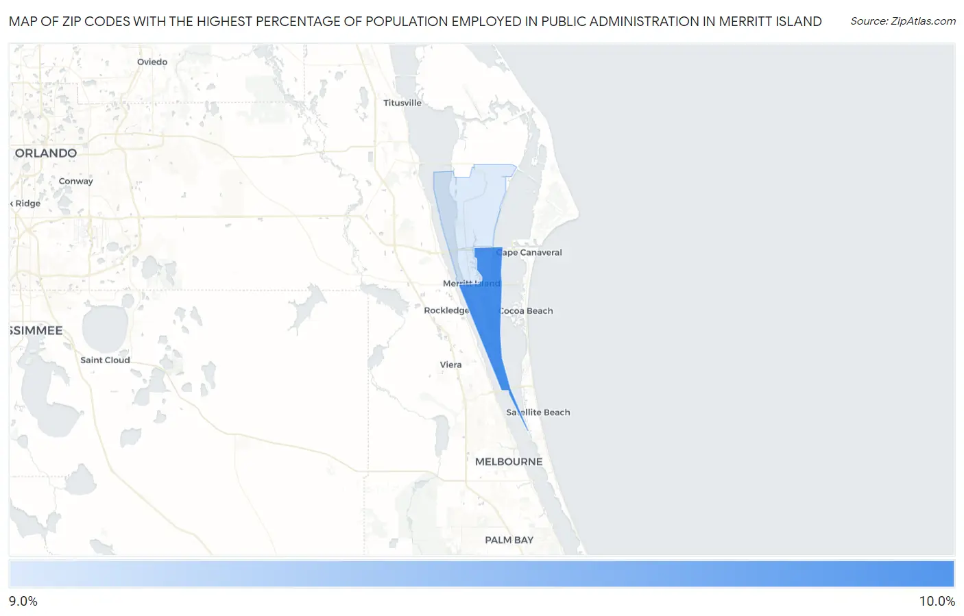 Zip Codes with the Highest Percentage of Population Employed in Public Administration in Merritt Island Map