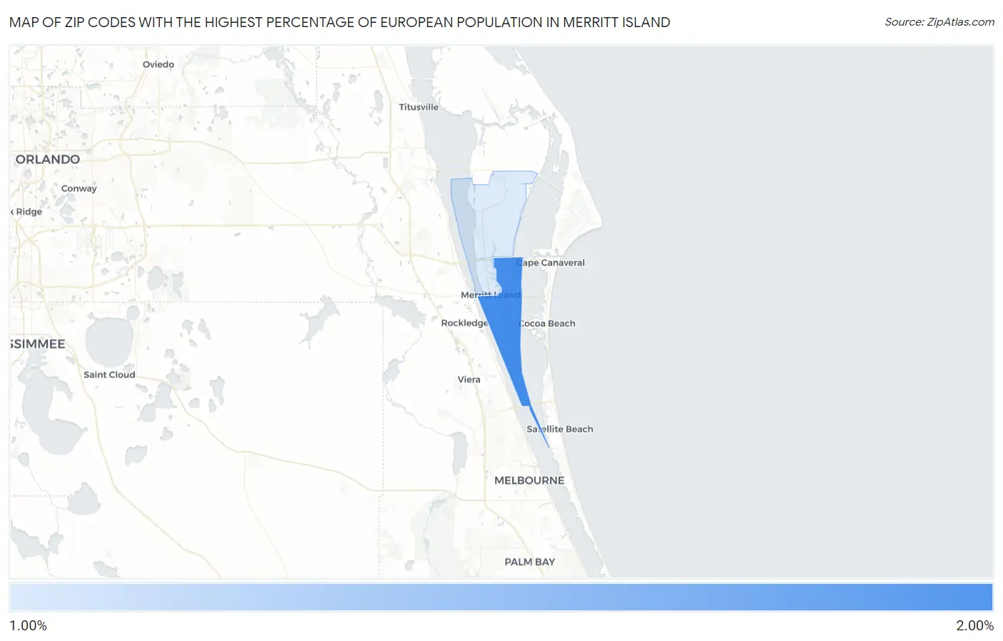 Zip Codes with the Highest Percentage of European Population in Merritt Island Map