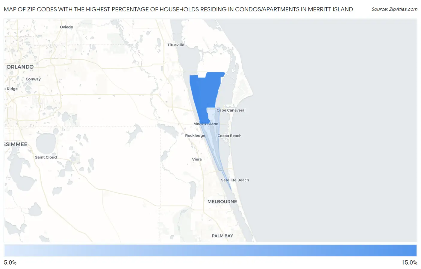 Zip Codes with the Highest Percentage of Households Residing in Condos/Apartments in Merritt Island Map