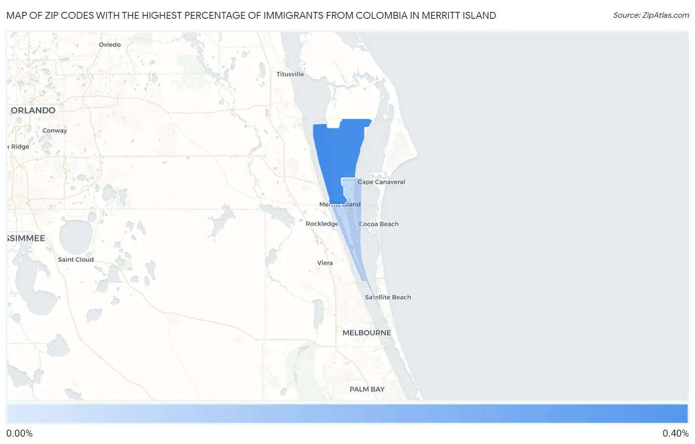 Zip Codes with the Highest Percentage of Immigrants from Colombia in Merritt Island Map