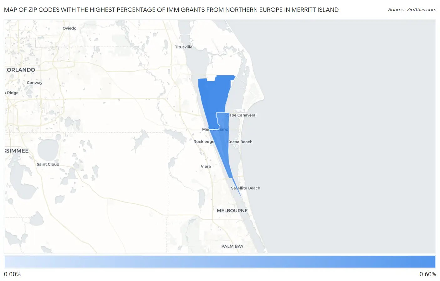 Zip Codes with the Highest Percentage of Immigrants from Northern Europe in Merritt Island Map