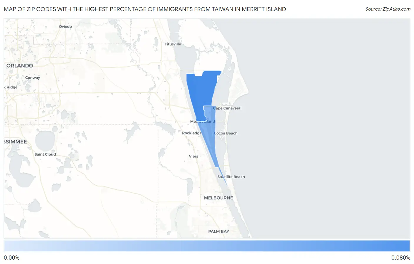 Zip Codes with the Highest Percentage of Immigrants from Taiwan in Merritt Island Map