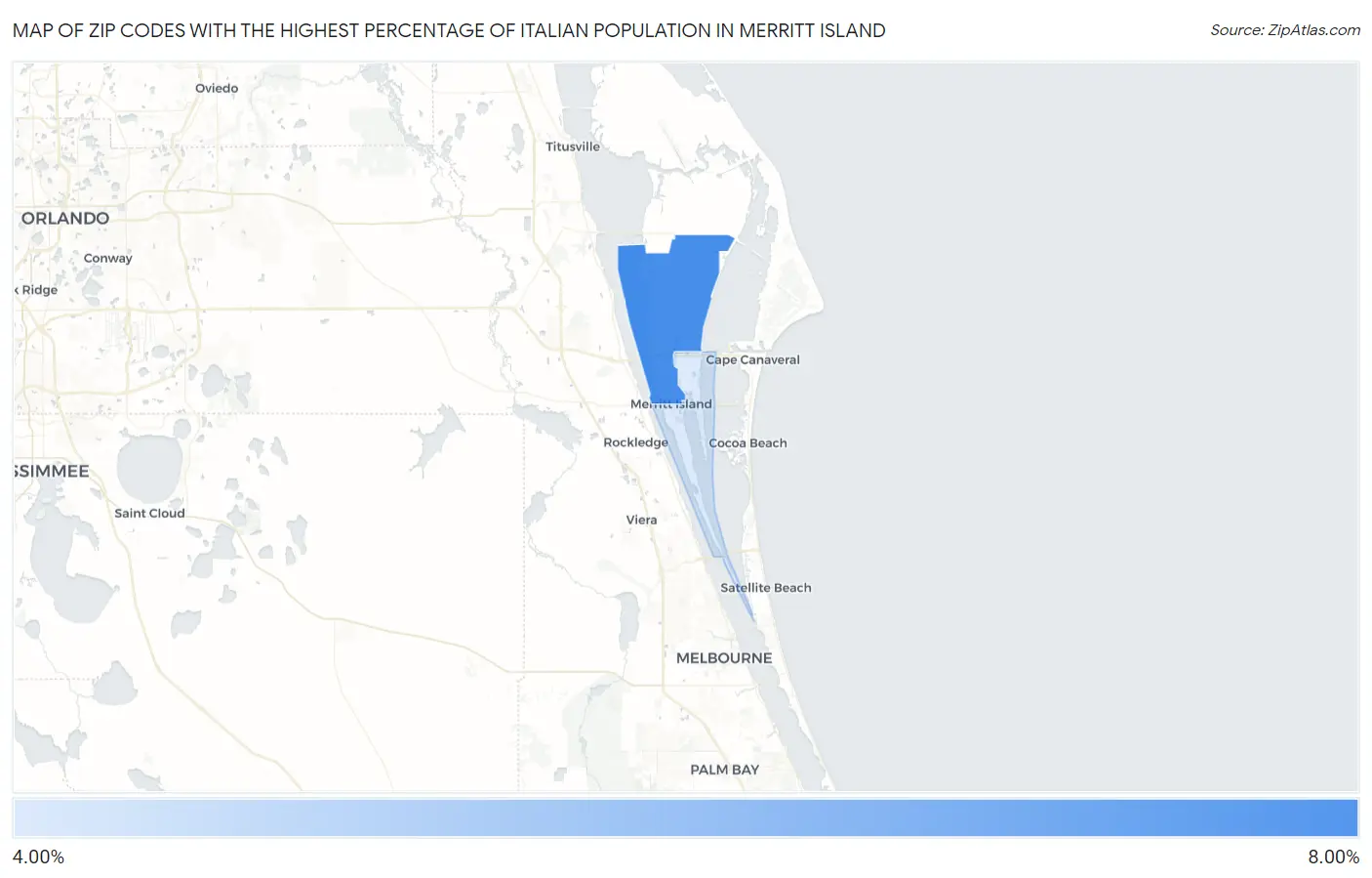 Zip Codes with the Highest Percentage of Italian Population in Merritt Island Map