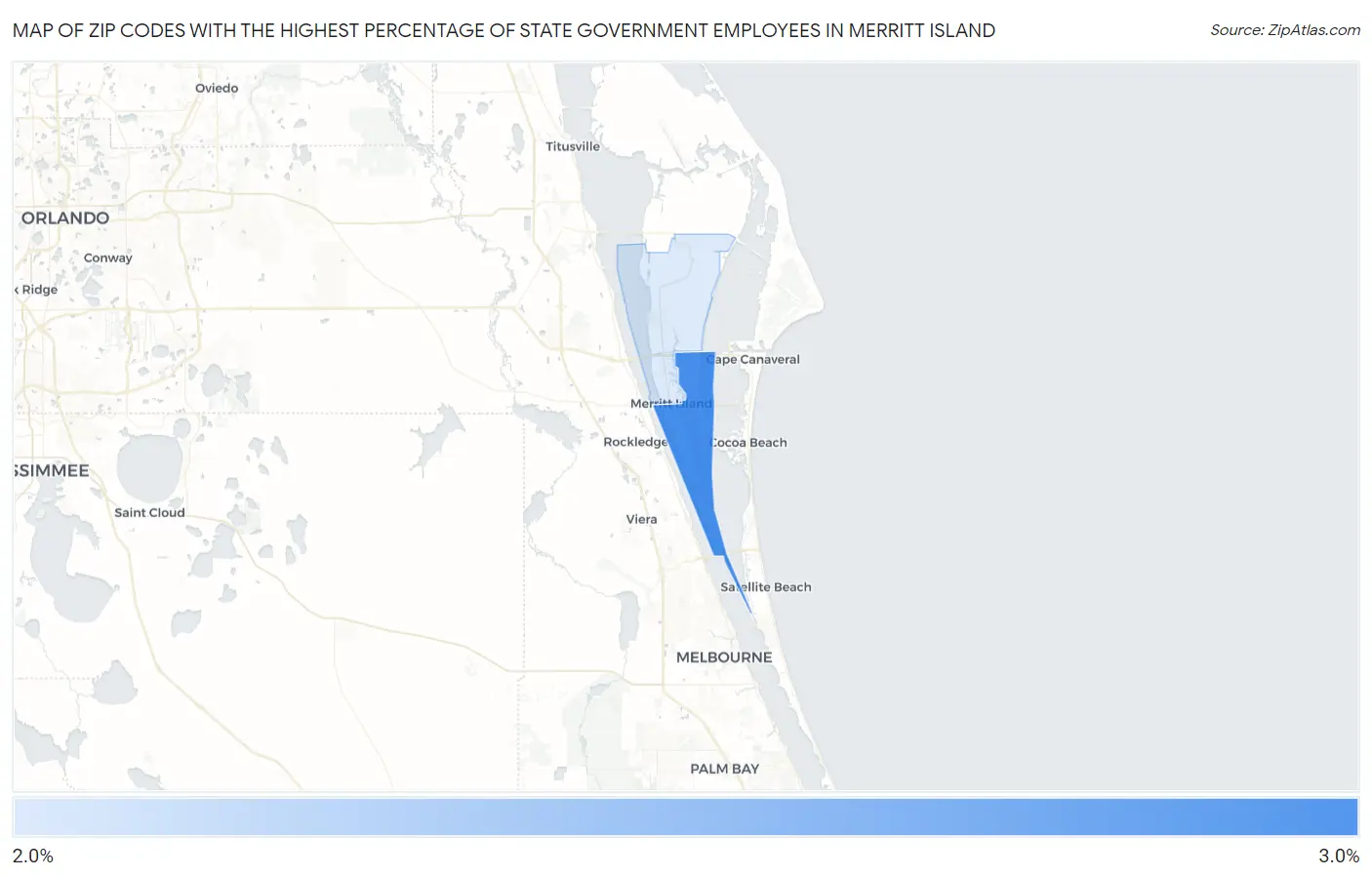 Zip Codes with the Highest Percentage of State Government Employees in Merritt Island Map