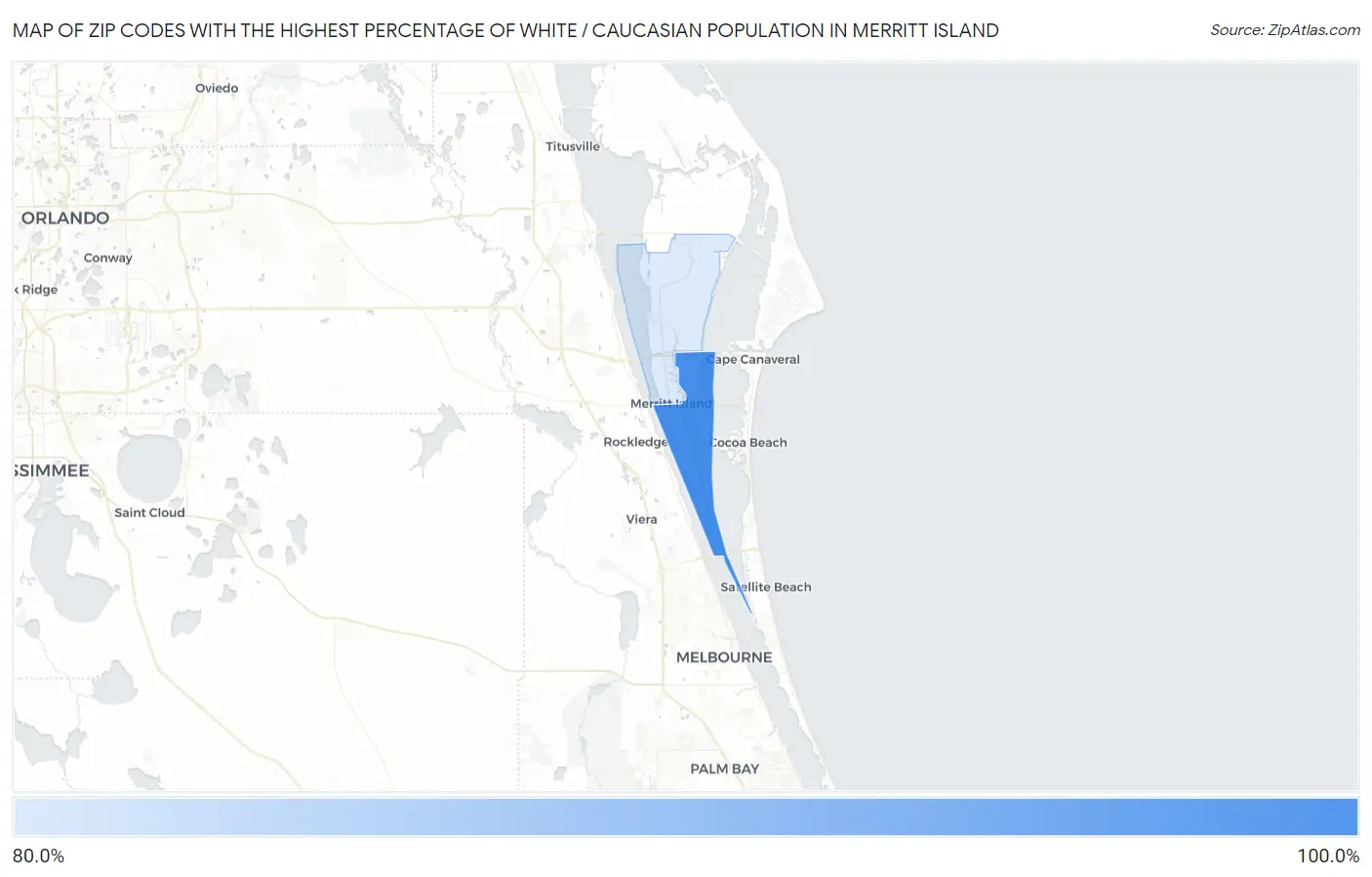 Zip Codes with the Highest Percentage of White / Caucasian Population in Merritt Island Map