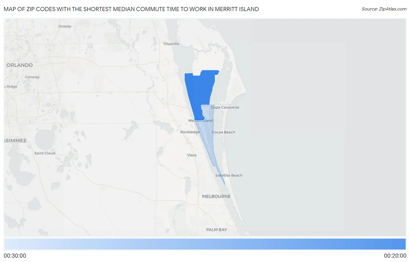 Zip Codes with the Shortest Median Commute Time to Work in Merritt Island Map