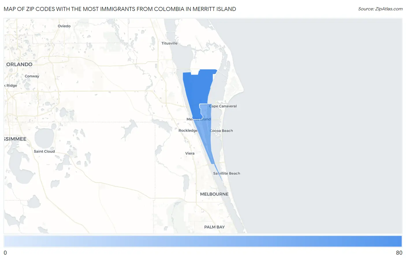 Zip Codes with the Most Immigrants from Colombia in Merritt Island Map