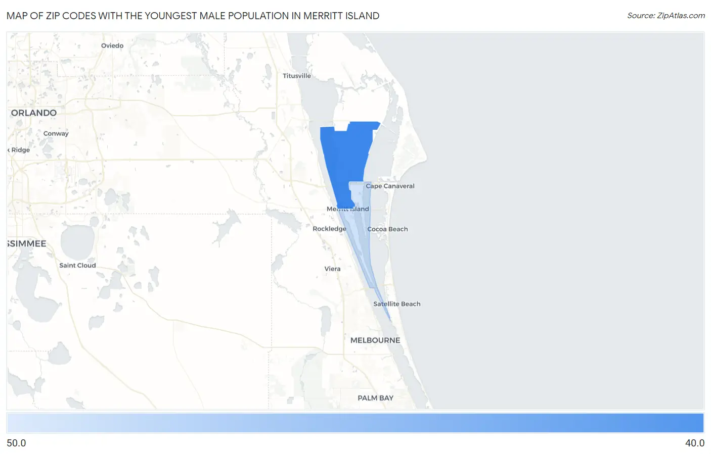 Zip Codes with the Youngest Male Population in Merritt Island Map