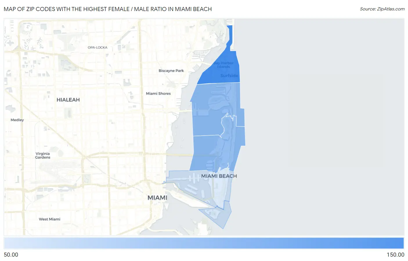 Zip Codes with the Highest Female / Male Ratio in Miami Beach Map