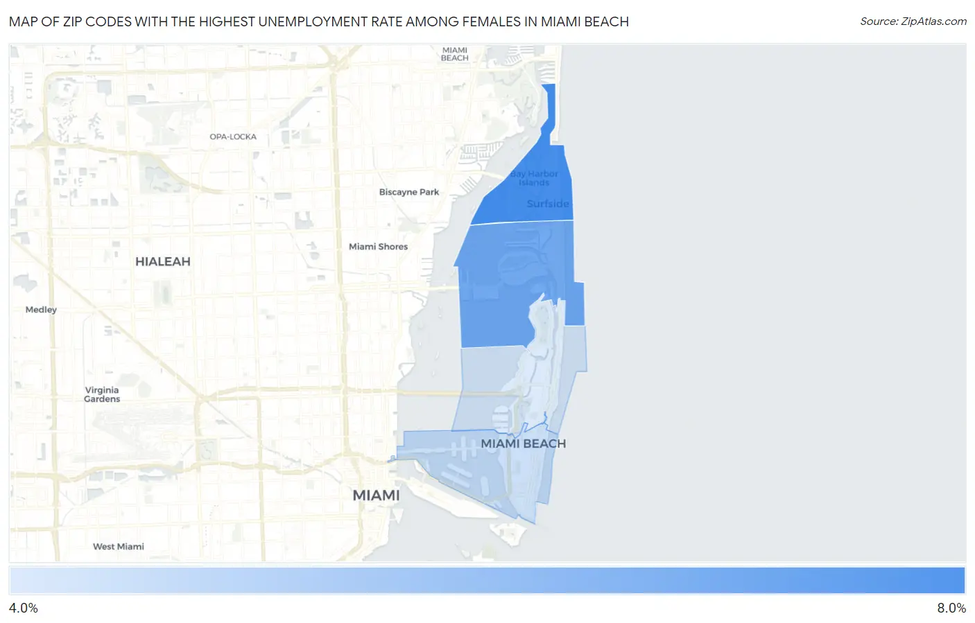 Zip Codes with the Highest Unemployment Rate Among Females in Miami Beach Map