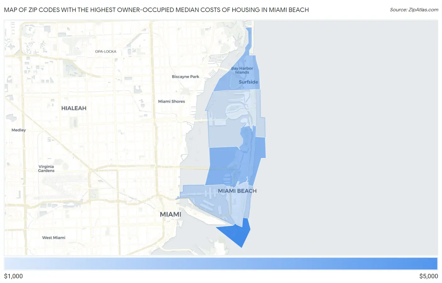 Zip Codes with the Highest Owner-Occupied Median Costs of Housing in Miami Beach Map