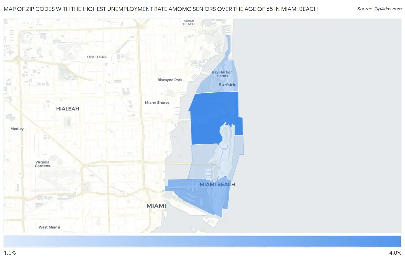 Zip Codes with the Highest Unemployment Rate Amomg Seniors Over the Age of 65 in Miami Beach Map