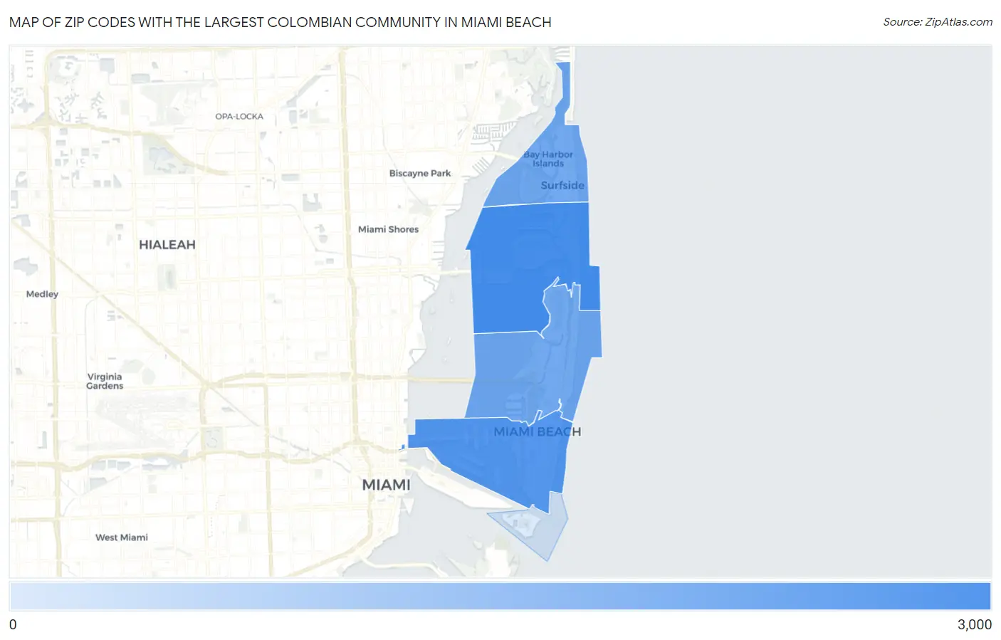 Zip Codes with the Largest Colombian Community in Miami Beach Map