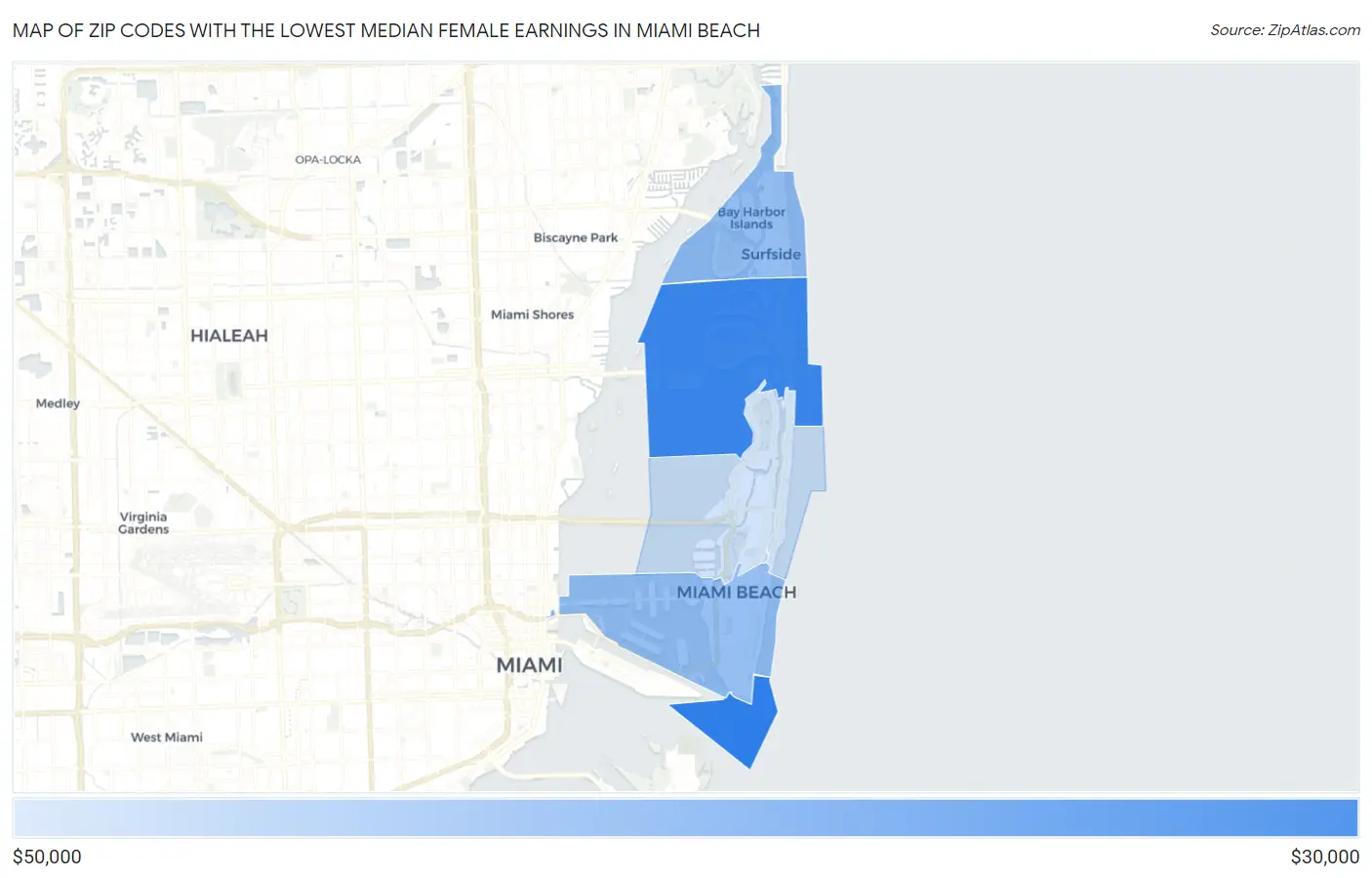 Zip Codes with the Lowest Median Female Earnings in Miami Beach Map