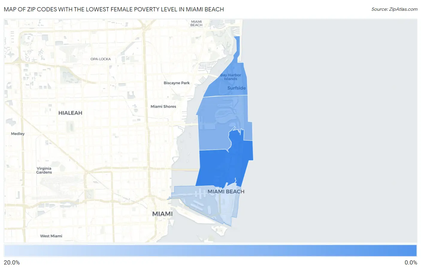 Zip Codes with the Lowest Female Poverty Level in Miami Beach Map