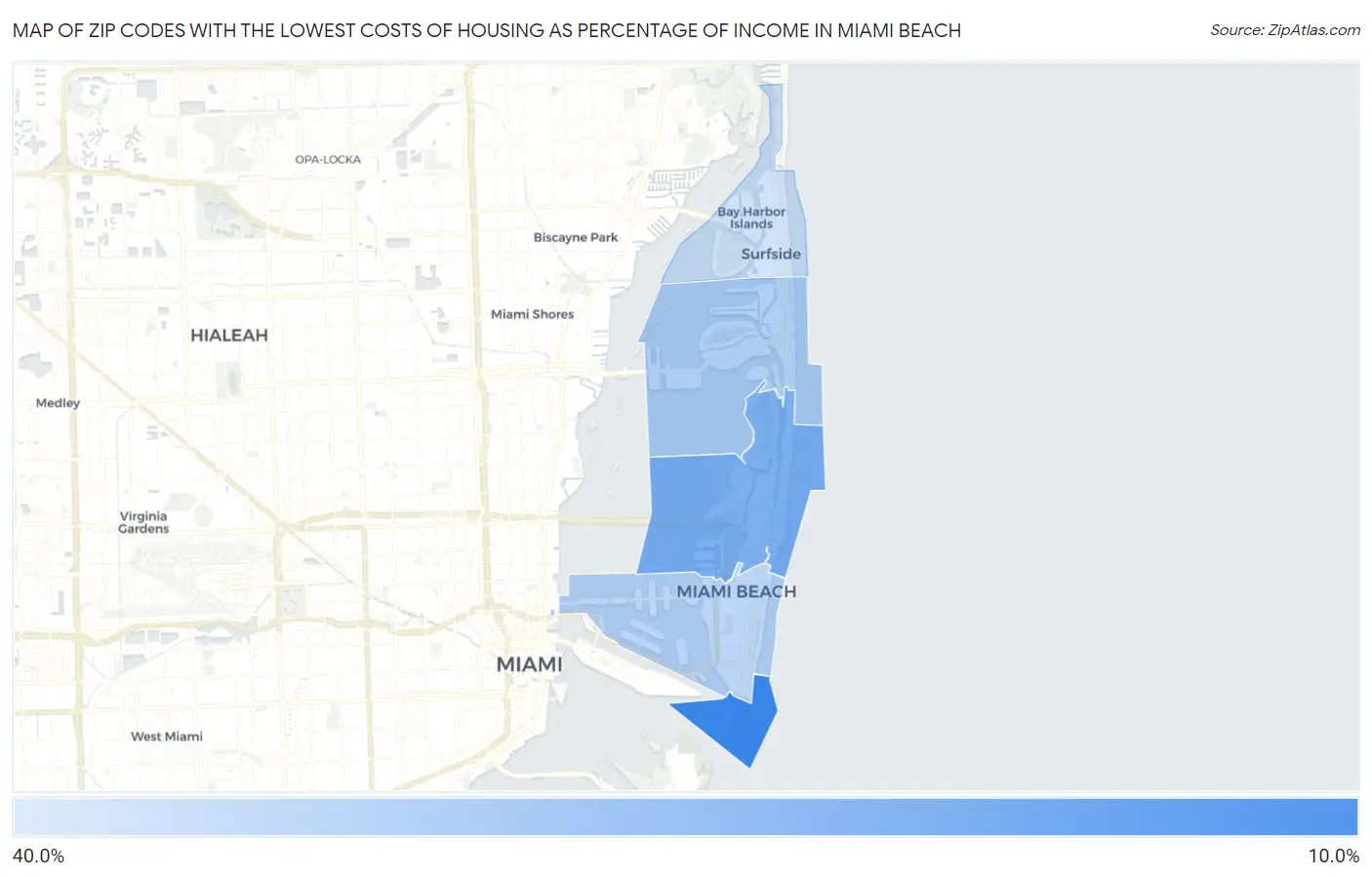Zip Codes with the Lowest Costs of Housing as Percentage of Income in Miami Beach Map