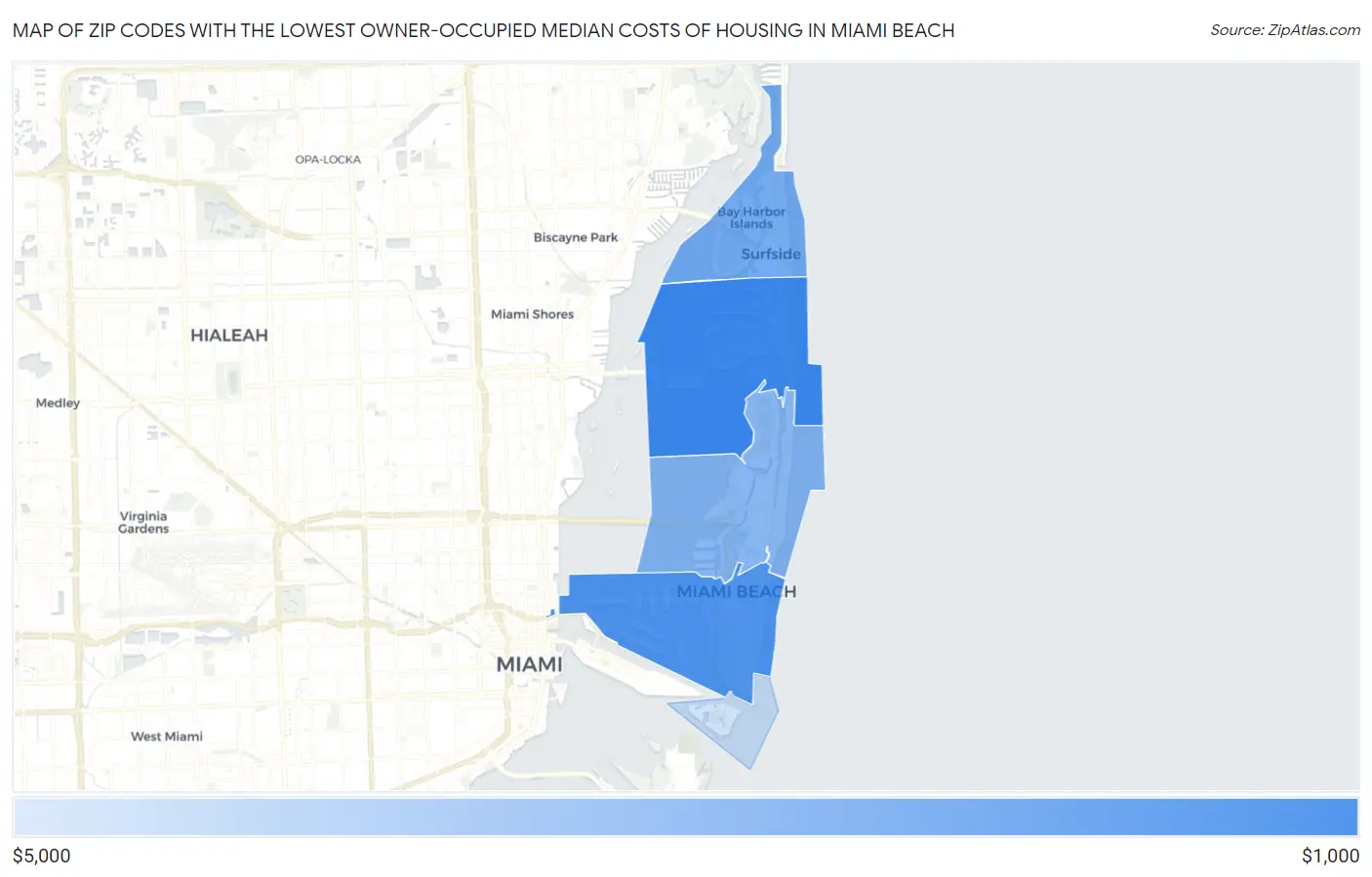 Zip Codes with the Lowest Owner-Occupied Median Costs of Housing in Miami Beach Map