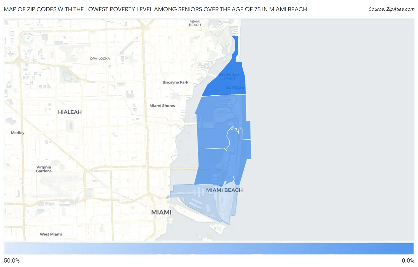 Zip Codes with the Lowest Poverty Level Among Seniors Over the Age of 75 in Miami Beach Map