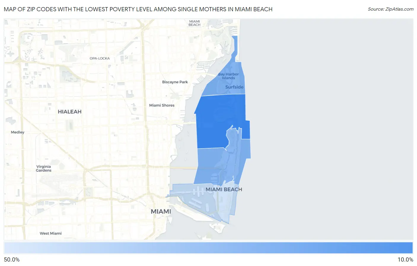 Zip Codes with the Lowest Poverty Level Among Single Mothers in Miami Beach Map