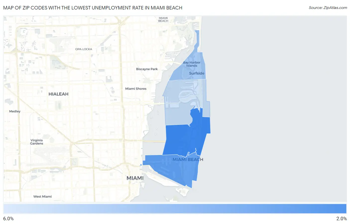 Zip Codes with the Lowest Unemployment Rate in Miami Beach Map