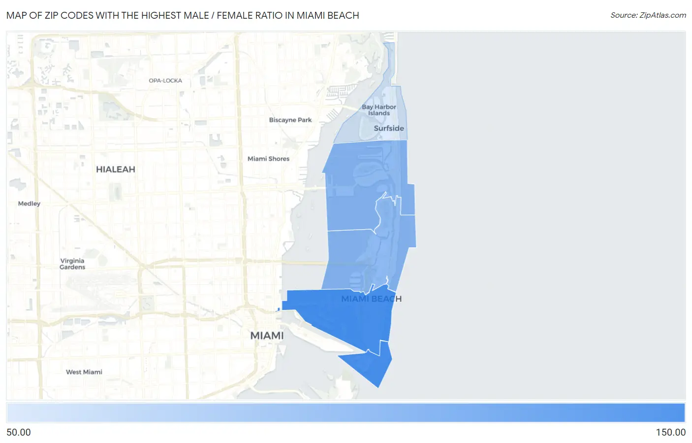 Zip Codes with the Highest Male / Female Ratio in Miami Beach Map