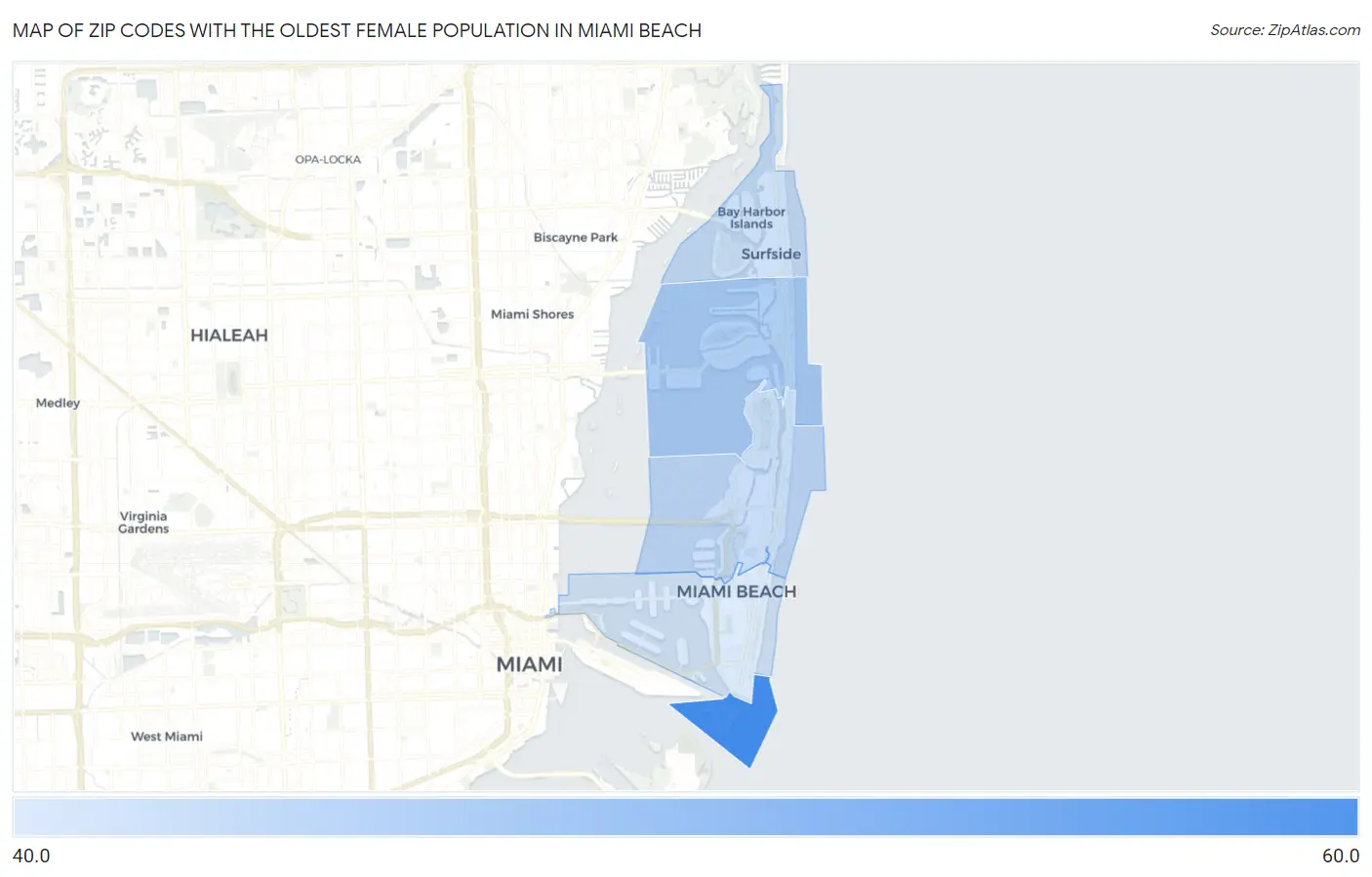 Zip Codes with the Oldest Female Population in Miami Beach Map