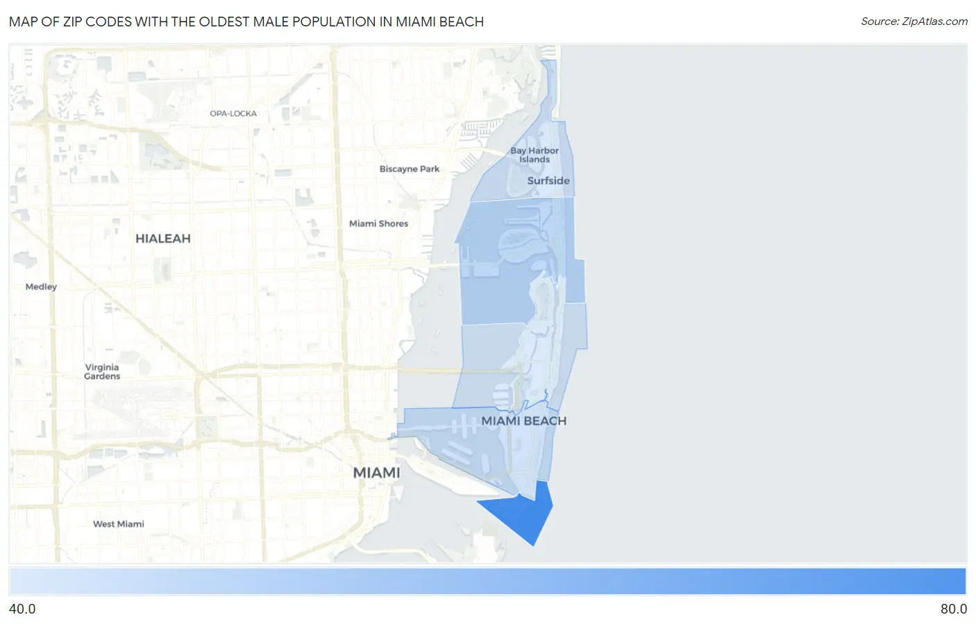 Zip Codes with the Oldest Male Population in Miami Beach Map