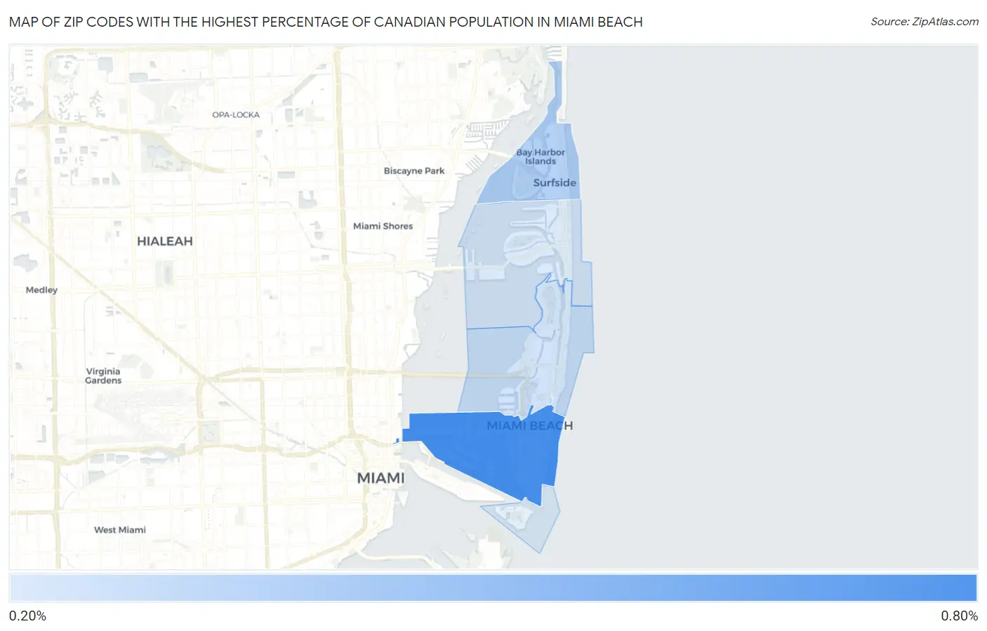 Zip Codes with the Highest Percentage of Canadian Population in Miami Beach Map