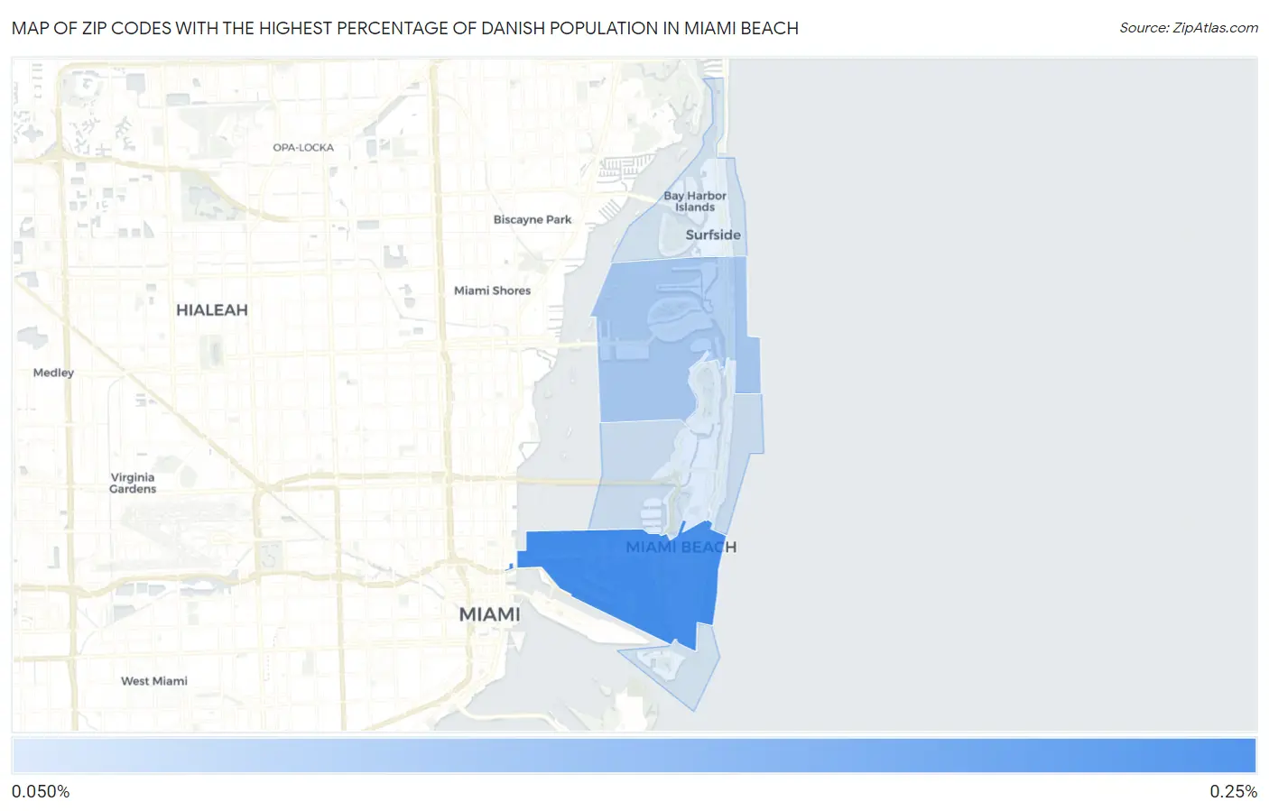 Zip Codes with the Highest Percentage of Danish Population in Miami Beach Map
